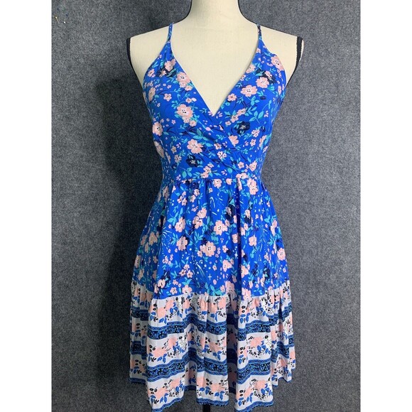 Unbranded Dresses & Skirts - Unbranded Floral Strappy Sun Dress XS Blue Pink Open Tie Back Elastic Pullon
